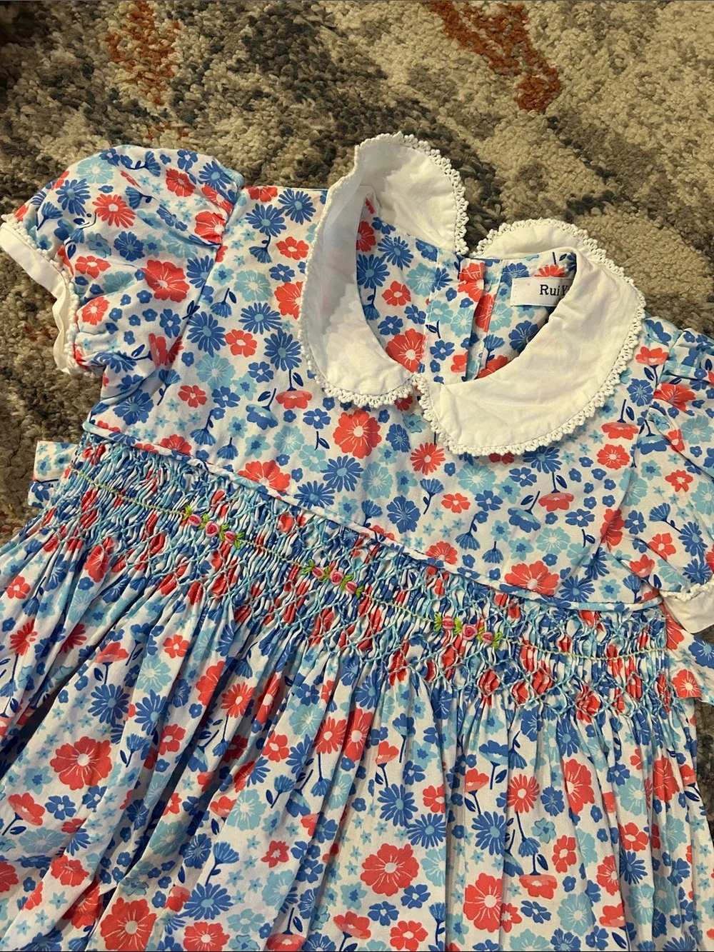 Girls Pink Bow Print Short-Sleeve Dress bundle with Blue and Red Smocked Dress